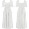 image:imageRVivimos Summer Dress for Women Cotton Plaid Puff Sleeves Casual OffShoulder Boho Side Slit Midi DressWhite