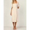 image:imageRVivimos Summer Dress for Women Cotton Plaid Puff Sleeves Casual OffShoulder Boho Side Slit Midi DressYellowplaid