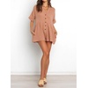 image:imageRVivimos Summer Jumpsuits for Women Casual Cotton V Neck Short Sleeve ButtonDown Loose Fit Rompers with PocketsCamel