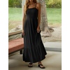 image:imageRVivimos Womens Summer Boho Cotton Maxi Dress Adjustable Spaghetti Strap Elastic Smocked Casual Ruffle Hem Flowy Beach DressBlack