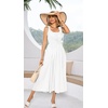 image:imageRVivimos Womens Summer Cotton Linen Casual Midi Dresses Elastic Straps Empire Waist ALine Flowy Long Dresses with PocketsWhite