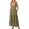 image:imageRVivimos Womens Summer Casual Beach Midi Dress Cotton Linen Sleeveless Adjustable Straps Tiered Flowy Dresses with PocketsArmy Green