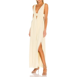 image:imageRVivimos Boho Dress for Women Sexy Deep V Neck Sleeveless Hollow Out Backless Casual Side Slit Maxi DressBeige