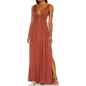 image:imageRVivimos Boho Dress for Women Sexy Deep V Neck Sleeveless Hollow Out Backless Casual Side Slit Maxi DressBurntorange