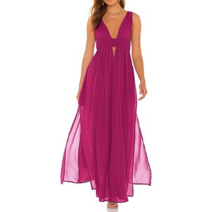 image:imageRVivimos Boho Dress for Women Sexy Deep V Neck Sleeveless Hollow Out Backless Casual Side Slit Maxi DressFuchsia
