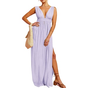 image:imageRVivimos Boho Dress for Women Sexy Deep V Neck Sleeveless Hollow Out Backless Casual Side Slit Maxi DressPurple