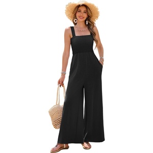 image:imageRVivimos Jumpsuits for Women Summer Cotton Sleeveless Smocked Casual One Piece Vacation Wide Leg Long Rompers with PocketsBlack