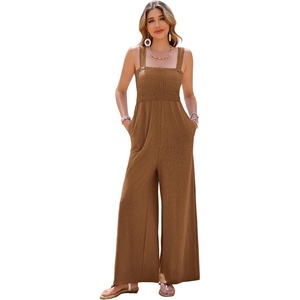 image:imageRVivimos Jumpsuits for Women Summer Cotton Sleeveless Smocked Casual One Piece Vacation Wide Leg Long Rompers with PocketsBrown