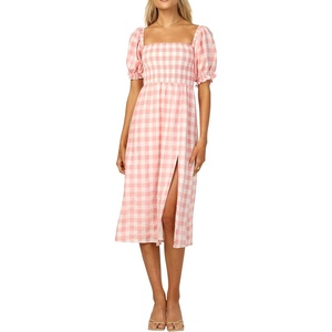 image:imageRVivimos Summer Dress for Women Cotton Plaid Puff Sleeves Casual OffShoulder Boho Side Slit Midi DressPinkplaid