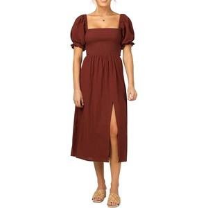 image:imageRVivimos Summer Dress for Women Cotton Plaid Puff Sleeves Casual OffShoulder Boho Side Slit Midi DressRustred