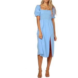 image:imageRVivimos Summer Dress for Women Cotton Plaid Puff Sleeves Casual OffShoulder Boho Side Slit Midi DressSkyblue