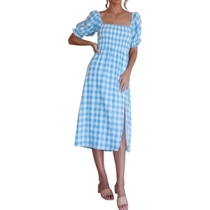 image:imageRVivimos Summer Dress for Women Cotton Plaid Puff Sleeves Casual OffShoulder Boho Side Slit Midi DressSkyblueplaid