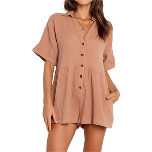image:imageRVivimos Summer Jumpsuits for Women Casual Cotton V Neck Short Sleeve ButtonDown Loose Fit Rompers with PocketsCamel