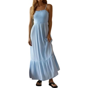 image:imageRVivimos Womens Summer Boho Cotton Maxi Dress Adjustable Spaghetti Strap Elastic Smocked Casual Ruffle Hem Flowy Beach DressLightblue