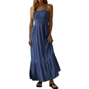 image:imageRVivimos Womens Summer Boho Cotton Maxi Dress Adjustable Spaghetti Strap Elastic Smocked Casual Ruffle Hem Flowy Beach DressNavy Blue