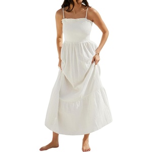 image:imageRVivimos Womens Summer Boho Cotton Maxi Dress Adjustable Spaghetti Strap Elastic Smocked Casual Ruffle Hem Flowy Beach DressWhite