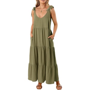 image:imageRVivimos Womens Summer Casual Beach Midi Dress Cotton Linen Sleeveless Adjustable Straps Tiered Flowy Dresses with PocketsArmy Green