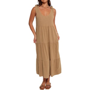 image:imageRVivimos Womens Summer Casual Beach Midi Dress Cotton Linen Sleeveless Adjustable Straps Tiered Flowy Dresses with PocketsBrown