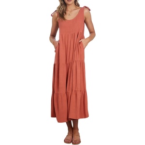 image:imageRVivimos Womens Summer Casual Beach Midi Dress Cotton Linen Sleeveless Adjustable Straps Tiered Flowy Dresses with PocketsOrange