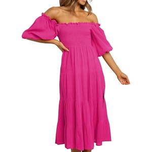 image:imageRVivimos Womens Summer Cotton Lantern Sleeves Ruffled Off Shoulder ALine Midi DressesHotpink