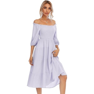 image:imageRVivimos Womens Summer Cotton Lantern Sleeves Ruffled Off Shoulder ALine Midi DressesLight Purple