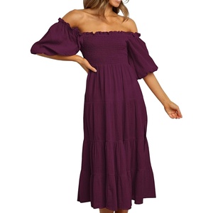 image:imageRVivimos Womens Summer Cotton Lantern Sleeves Ruffled Off Shoulder ALine Midi DressesPlum