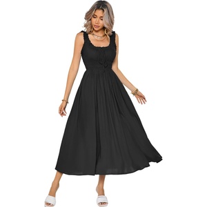 image:imageRVivimos Womens Summer Cotton Linen Casual Midi Dresses Elastic Straps Empire Waist ALine Flowy Long Dresses with PocketsBlack