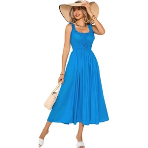 image:imageRVivimos Womens Summer Cotton Linen Casual Midi Dresses Elastic Straps Empire Waist ALine Flowy Long Dresses with PocketsBlue
