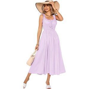 image:imageRVivimos Womens Summer Cotton Linen Casual Midi Dresses Elastic Straps Empire Waist ALine Flowy Long Dresses with PocketsLavender