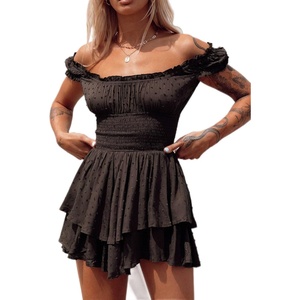 image:imageRVivimos Womens Summer Cotton Puff Sleeves Layered Ruffles Casual Boho Swing Mini DressesBrown