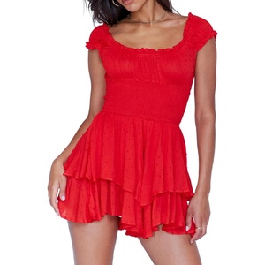 image:imageRVivimos Womens Summer Cotton Puff Sleeves Layered Ruffles Casual Boho Swing Mini DressesRed