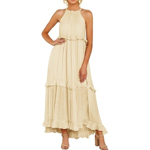 image:imageRVivimos Womens Summer Dress Sleeveless Halter Layered Ruffles Casual Boho Flowy Maxi DressBeige