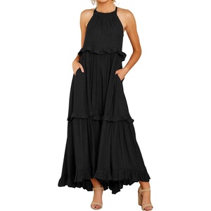 image:imageRVivimos Womens Summer Dress Sleeveless Halter Layered Ruffles Casual Boho Flowy Maxi DressBlack