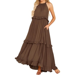 image:imageRVivimos Womens Summer Dress Sleeveless Halter Layered Ruffles Casual Boho Flowy Maxi DressBrown