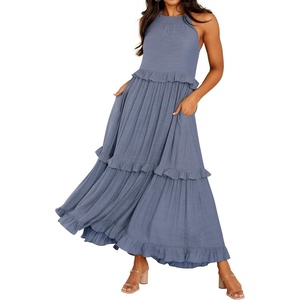 image:imageRVivimos Womens Summer Dress Sleeveless Halter Layered Ruffles Casual Boho Flowy Maxi DressDusty Blue