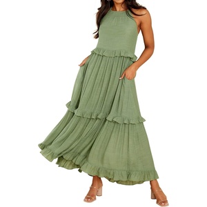 image:imageRVivimos Womens Summer Dress Sleeveless Halter Layered Ruffles Casual Boho Flowy Maxi DressGreen