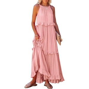 image:imageRVivimos Womens Summer Dress Sleeveless Halter Layered Ruffles Casual Boho Flowy Maxi DressLight Pink