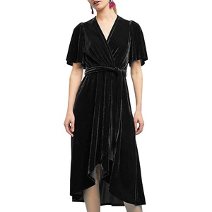 image:imageRVivimos Womens Velvet Pleated Wrap Tie Waist Elegant Flowy Party Plus Size Midi DressesBlack Belt