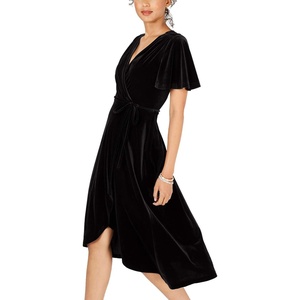 image:imageRVivimos Womens Velvet Pleated Wrap Tie Waist Elegant Flowy Party Plus Size Midi DressesBlack Wrap