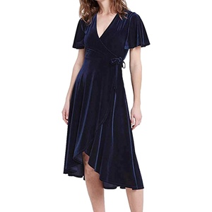 image:imageRVivimos Womens Velvet Pleated Wrap Tie Waist Elegant Flowy Party Plus Size Midi DressesNavy Blue Wrap