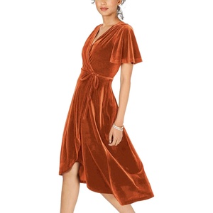 image:imageRVivimos Womens Velvet Pleated Wrap Tie Waist Elegant Flowy Party Plus Size Midi DressesRustbrownW