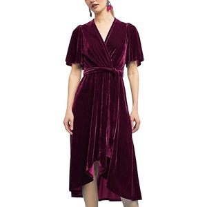 image:imageRVivimos Womens Velvet Pleated Wrap Tie Waist Elegant Flowy Party Plus Size Midi DressesWine Red Belt