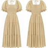 image:imageRVivimos Summer Boho Plaid Midi Dresses for Women 2026 Puff Sleeve Square Neck Casual Smocked Ruffle Tiered Flowy DressesDark Khaki