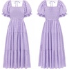 image:imageRVivimos Summer Boho Plaid Midi Dresses for Women 2026 Puff Sleeve Square Neck Casual Smocked Ruffle Tiered Flowy DressesPurple