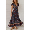 image:imageRVivimos Womens Summer Short Sleeve Floral Print Bohemian Beach Waist Tie Wrap Long Flowy Dress with SlitDark Blue