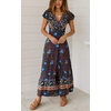 image:imageRVivimos Womens Summer Short Sleeve Floral Print Bohemian Beach Waist Tie Wrap Long Flowy Dress with SlitDark Blue