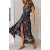 image:imageRVivimos Womens Summer Short Sleeve Floral Print Bohemian Beach Waist Tie Wrap Long Flowy Dress with SlitDark Blue