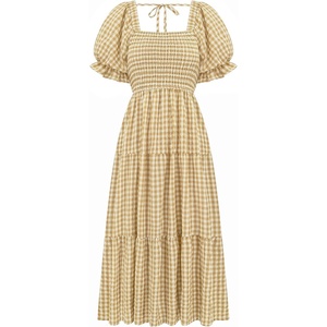 image:imageRVivimos Summer Boho Plaid Midi Dresses for Women 2026 Puff Sleeve Square Neck Casual Smocked Ruffle Tiered Flowy DressesDark Khaki