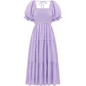 image:imageRVivimos Summer Boho Plaid Midi Dresses for Women 2026 Puff Sleeve Square Neck Casual Smocked Ruffle Tiered Flowy DressesPurple