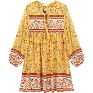 image:imageRVivimos Womens Long Sleeve Floral Casual Print Cotton Mini Tunic DressDark Lemon